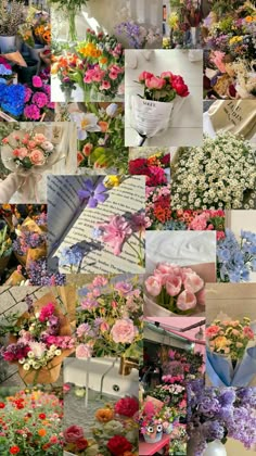 a collage of different flowers and books