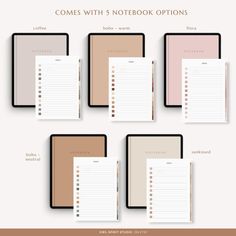 five notebooks lined up on top of each other with the words,'come with 5 notebook options '