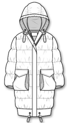 a drawing of a jacket with hood and zippers on the front, side view