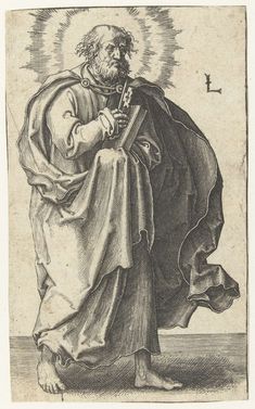 an old drawing of a man holding a cross