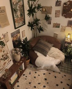 a living room filled with lots of plants and pictures on the wall next to a couch