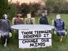 five people sitting in chairs with fake faces on them and a sign that says those teenagers deserved it change our minds