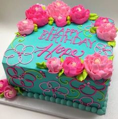 a birthday cake with pink flowers on top