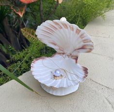 a shell with a ring on it sitting next to some flowers