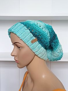 "Style: Slouchy beanie. Color: Blue ombre  Sizes: One size fits 21\" to 23\" (53.5 cm to 58 cm) head size. Fiber Content: 100% acrylic Characteristics: Very soft, warm and cozy.  Care Instructions: Wash at 30oc delicates, dry flat." Womens Winter Hats, Beanie Hat Crochet, Slouchy Beanie Hat, Womens Hat, Womens Winter, Winter Hats For Women, Slouchy Beanie, Skull Cap Beanie, Crochet Hat