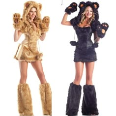 two women dressed up in halloween costumes and one is wearing a bear costume while the other wears a cat costume