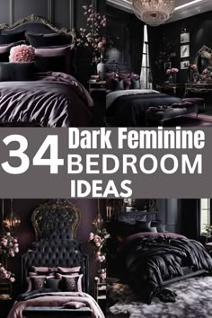 the bedroom is decorated in black and purple