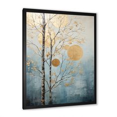 an abstract painting with gold and blue tones on the tree, framed in black frame