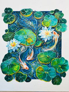 a painting of water lilies and lily pads on a white wall with green leaves