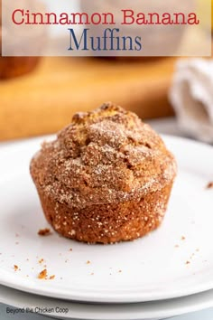 cinnamon banana muffins on a white plate with the title overlay reads, cinnamon banana muffins