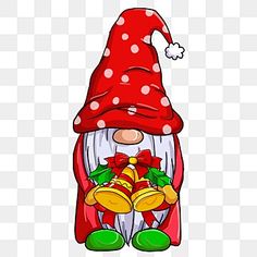 an image of a gnome with bells on his head, wearing a red hat and green pants