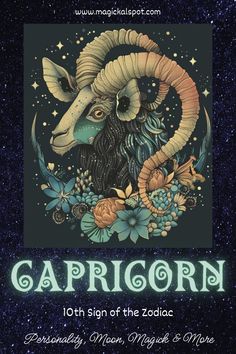 the zodiac sign for capricorn, with flowers and stars in the night sky