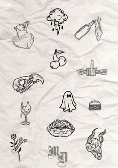 various stickers on crumpled paper that include food, drinks and other things to eat