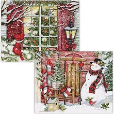 two christmas cards with a snowman next to a window