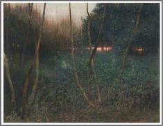 an oil painting of trees and bushes in the woods at dusk with light coming from behind them