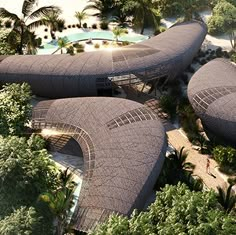 an artist's rendering of a tropical resort in the middle of trees and water