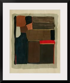 an abstract painting with brown, black and red colors on the bottom half of it