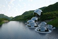 the umbrellas are floating on the surface of the water near the hills and trees