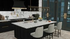 a kitchen with marble counter tops and black cabinets, along with bar stools that match the flooring