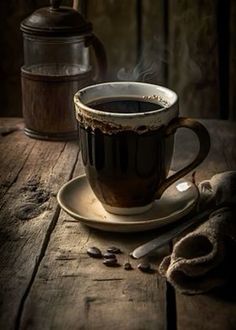 a cup of coffee sitting on top of a wooden table next to an old fashioned grinder