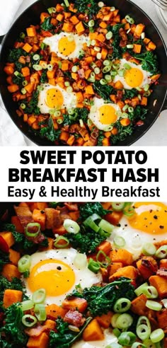 sweet potato breakfast hash browns and eggs in a skillet