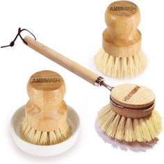 three different types of cleaning brushes on a white background, one with wooden bristles and the other without bristles