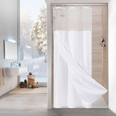 PRICES MAY VARY. Heavy Duty Fabric - High quality waffle woven fabric & waterproof snap-in liner create hotel grade effect for this white shower curtain, so that it could keep in place. The quality curtain is elegant and soft, which can deliver a spa-Like bathroom environment. See-Through Top Window - Light-filtering sheer window valance at head levels lets light in over the tub, while still maintaining privacy, creating a spa shower experience. Removable Liner Design - This high quality shower Hotel Bathroom Decor, Liner Design, Home Bathroom Decor, Neutral Bathroom, Stall Shower, Stall Shower Curtain, Spa Shower, Spa Like Bathroom, Quality Curtains