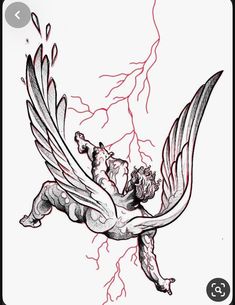 a black and white drawing of a bird flying through the air with lightning in the background