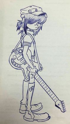 a drawing of a girl with a guitar in her hand and a hat over her head