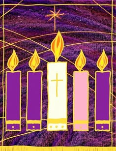 three lit candles in front of a purple background with a cross on top and stars above