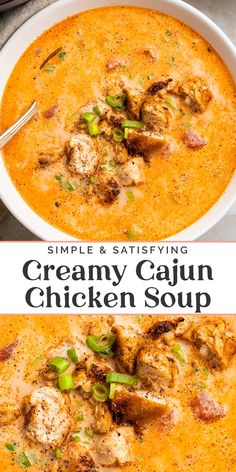 creamy cauliflower chicken soup in a white bowl