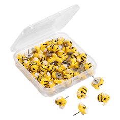 a plastic container filled with lots of yellow and black bees on top of each other