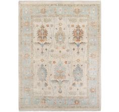 an antique rug with blue and beige colors on the ground, in front of a white background