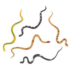 three different colored snakes on a white background