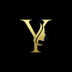 the letter y with a woman's face in gold on a black background royalty illustration