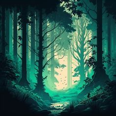 Forest in dark. Forest arts Blue Forest Illustration, Fantasy Deep Forest, Green Forest Illustration, Creepy Forest Illustration, Magical Woods Illustration, Mythical Forest Art, Black Forest Art, Dark Woods Illustration, Simple Forest Background Drawing