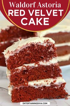 a slice of red velvet cake with white frosting