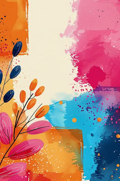 an abstract painting with pink, orange and blue flowers