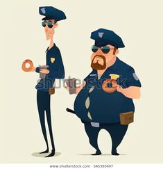 two police officers are eating donuts and drinking coffee, one is holding a cup