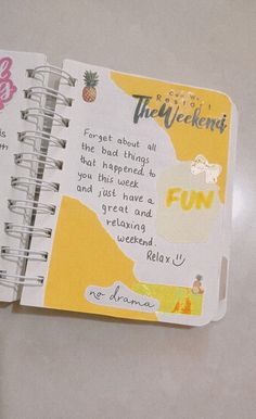 an open notebook with writing on it and a pineapple next to the page that says fun