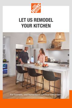 a man and woman standing in a kitchen with the words let us remodel your kitchen