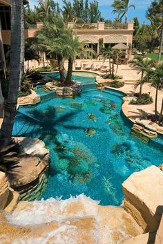 an outdoor swimming pool surrounded by palm trees and rocks, with blue water in the middle