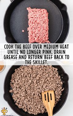 an image of meat being cooked in a skillet with the words, cook the beef over medium heat until no longer pink drain grease and return back to the skillet