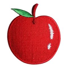 an embroidered apple with a green leaf on it