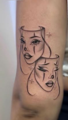 a woman's face with two faces on her arm, and the other half is drawn