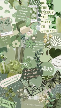 the collage is made up of green and white flowers, leaves, and other things