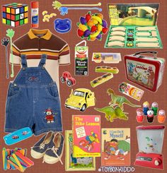 a collage of children's toys and books on a brown background, including an apron