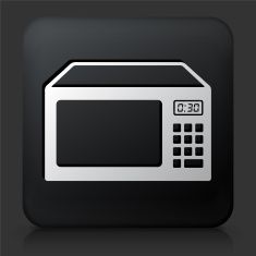 a black and white square icon with a microwave on it's side, showing the time