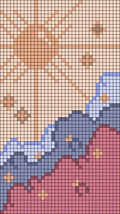 a cross - stitch pattern with mountains and clouds in the sky, as well as water