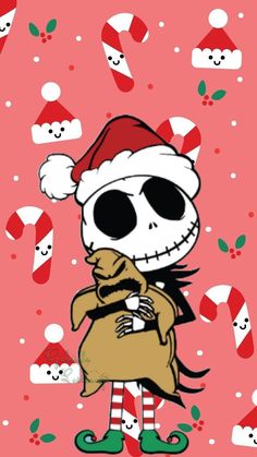 a cartoon skeleton holding a dog wearing a santa hat and scarf on a pink background